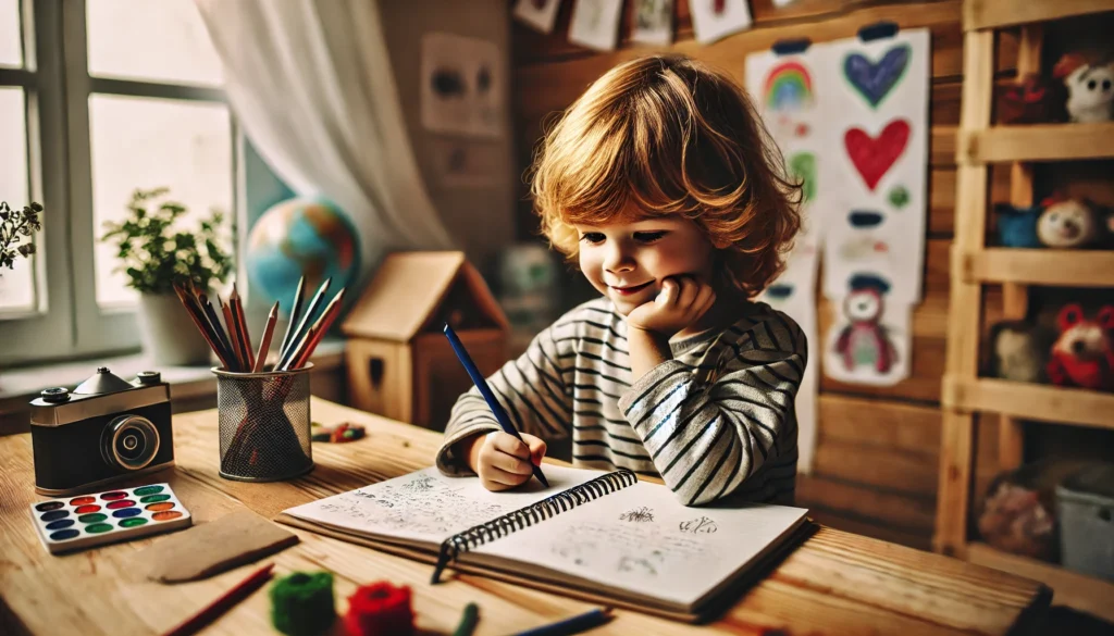 "Children participating in a creative writing activity, sharing ideas and developing imaginative stories in a vibrant classroom."