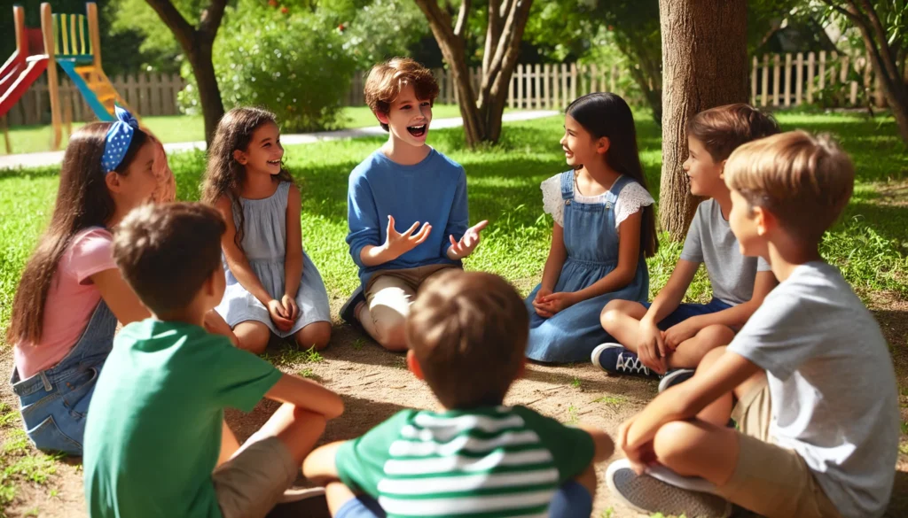 Kids enjoying an outdoor storytelling game, sharing and listening to creative stories in a lively and interactive group."