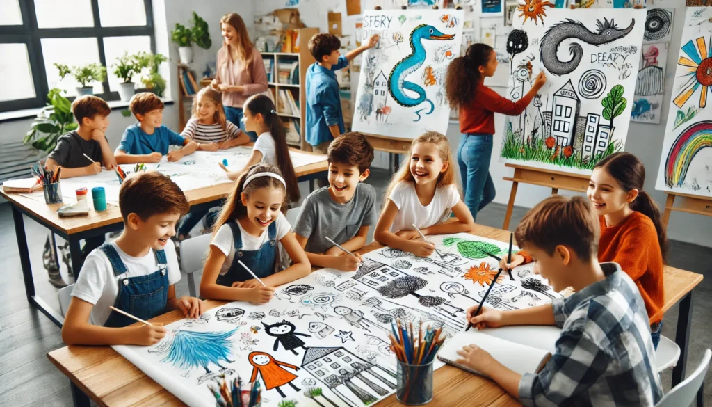 Students creating story characters as part of a creative writing project, collaborating in a bright and inspiring classroom.