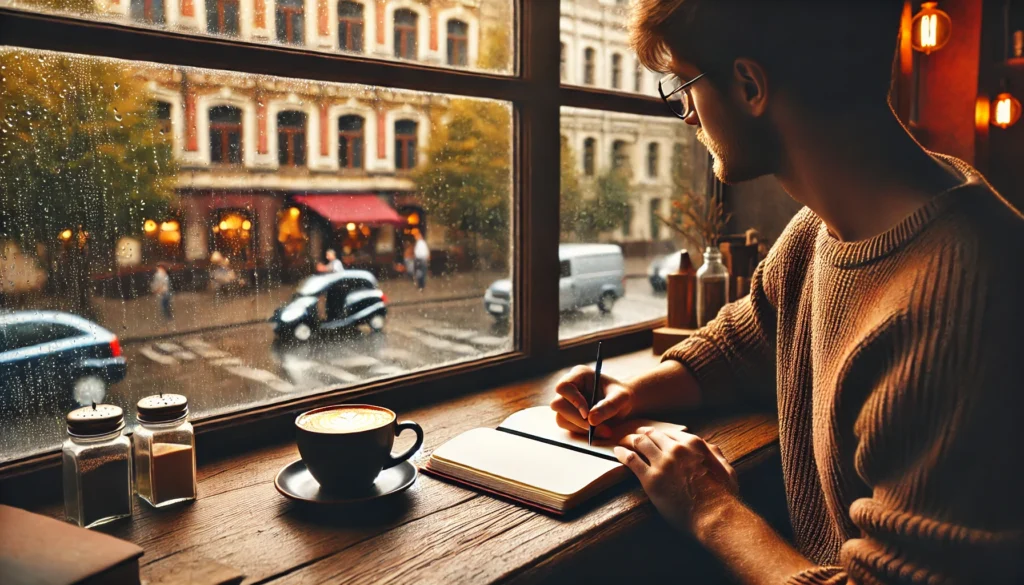 "Writer in a cozy café, crafting a story in a notebook while rain falls outside, creating a reflective atmosphere."
