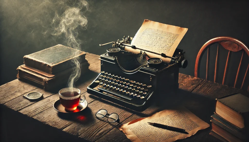 : "A dimly lit study with an old typewriter and a steaming cup of tea, evoking storytelling inspiration and nostalgia."