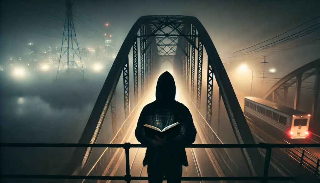 "A solitary writer standing on a foggy bridge at night, lost in thought, capturing the essence of storytelling inspiration."