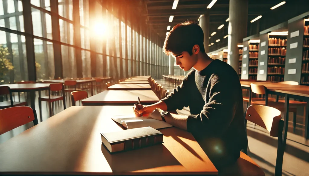"College student writing in a notebook in a peaceful library, reflecting deep concentration and intellectual engagement.