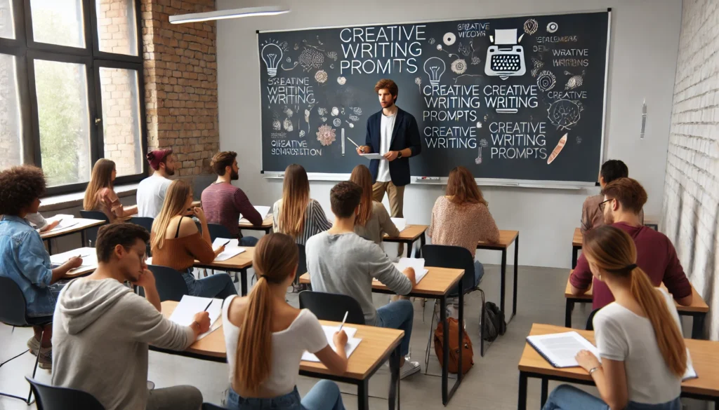 "College professor leading a dynamic writing seminar, inspiring students through discussion and creative writing exercises."