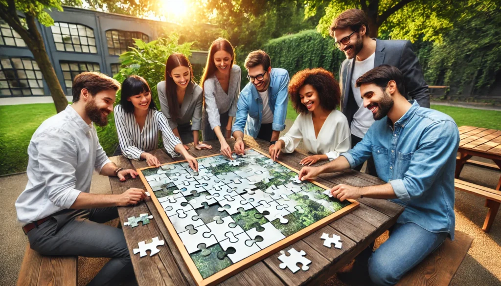 A diverse team of professionals participating in a collaborative indoor team-building puzzle challenge, emphasizing problem-solving and communication.
