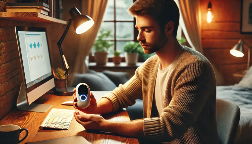 "A man sitting at a desk in a cozy home office, using a handheld stress management device to regulate his breathing, with a soft glow creating a relaxed atmosphere."