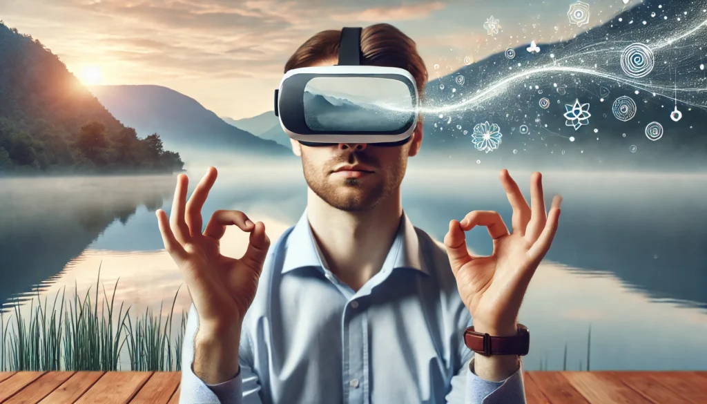 "A man using a virtual reality headset for stress management, immersed in a calming meditation experience with a softly blurred serene background."