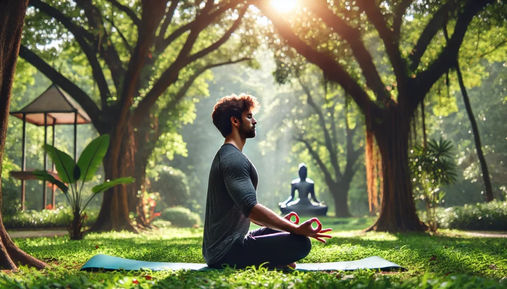 "A man practicing yoga in a tranquil park, engaging in deep breathing exercises for stress management, surrounded by trees and warm sunlight."