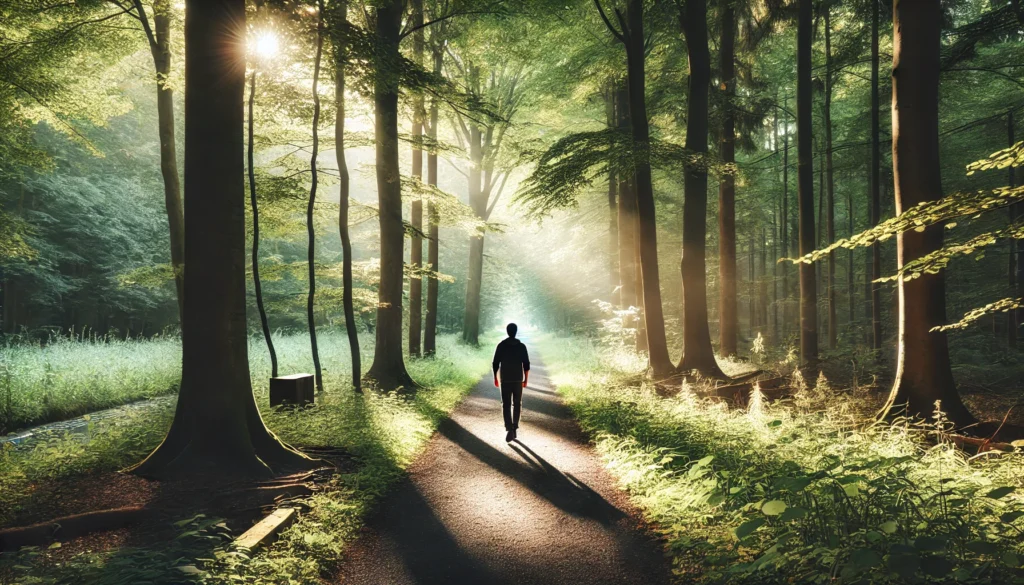 "A person walking on a peaceful forest path, surrounded by tall trees and soft sunlight filtering through the leaves, embodying relaxation and calmness."