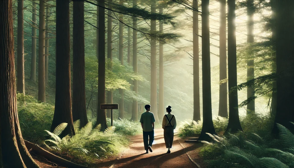 "A peaceful scene of two people walking together on a forest path, engaged in a calming conversation, with soft sunlight filtering through the trees."