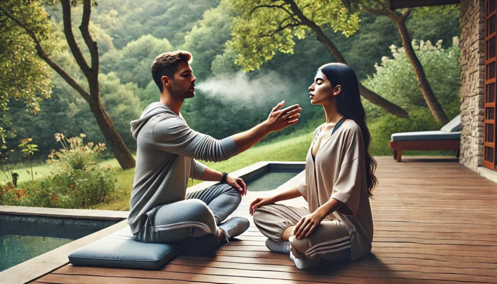 "A serene outdoor setting where a person is guiding another individual through a calming breathing exercise, both appearing relaxed and focused."