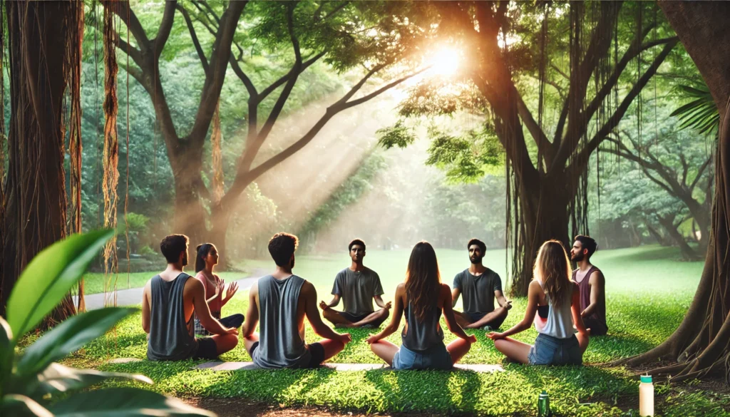 "A group of friends engaging in deep breathing exercises together in a peaceful park, sitting in a circle with relaxed postures, surrounded by lush greenery."