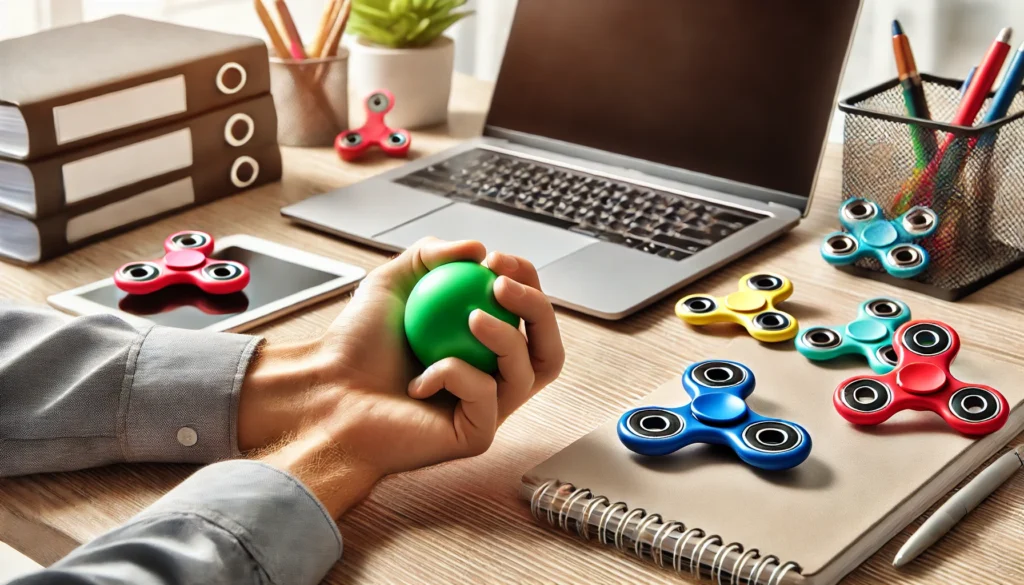 A person using a stress ball and fidget spinner at a work desk, engaging in physical techniques for pressure coping, surrounded by a calm and organized workspace.