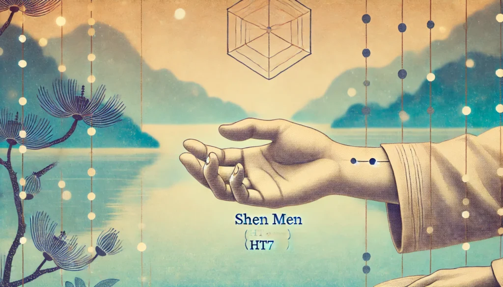 A calming depiction of a person applying gentle acupressure to the Shen Men (HT7) pressure point on the wrist, a powerful spot for promoting relaxation and improving sleep. Best pressure points for stress relief and emotional balance.