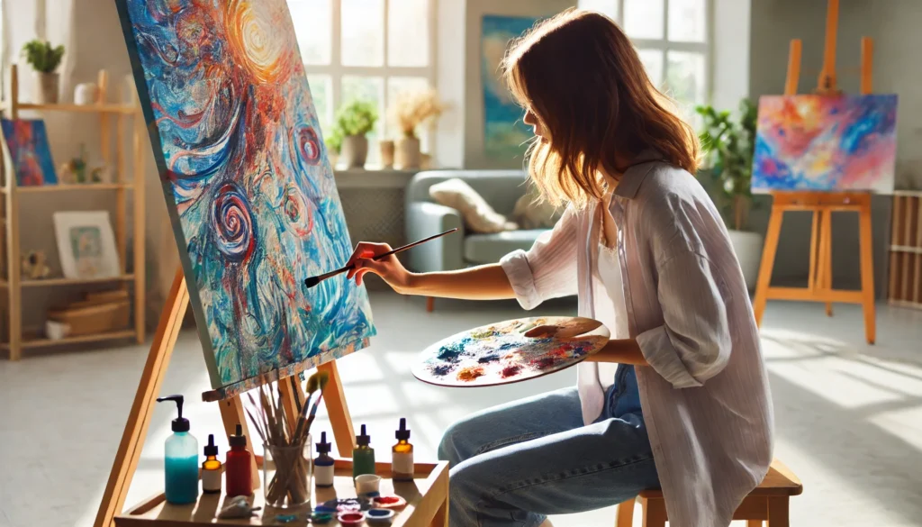 "A person engaging in expressive art therapy, painting on a canvas in a bright and airy studio, using colors and brushstrokes to express their emotions, highlighting creative outlets as a way to cope with emotions."