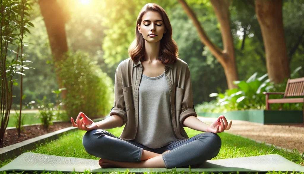 "A person practicing mindfulness meditation outdoors, sitting cross-legged on a yoga mat in a serene park, taking deep breaths with a calm expression, showcasing mindfulness as a technique to cope with emotions."