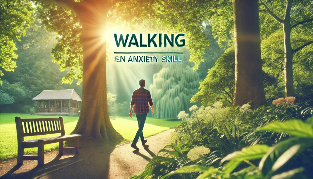 "A person engaging in a calming outdoor walk through a scenic park with lush greenery and sunlight filtering through trees, taking slow, mindful steps, demonstrating walking as an anxiety skill for reducing stress and promoting mental well-being."
