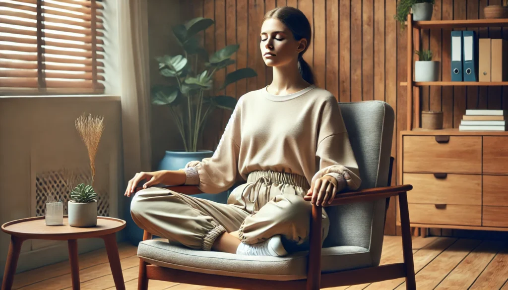 "A person practicing progressive muscle relaxation, sitting in a comfortable chair in a quiet space with eyes closed, slowly tensing and releasing their muscles, emphasizing anxiety skills for physical relaxation and stress relief."