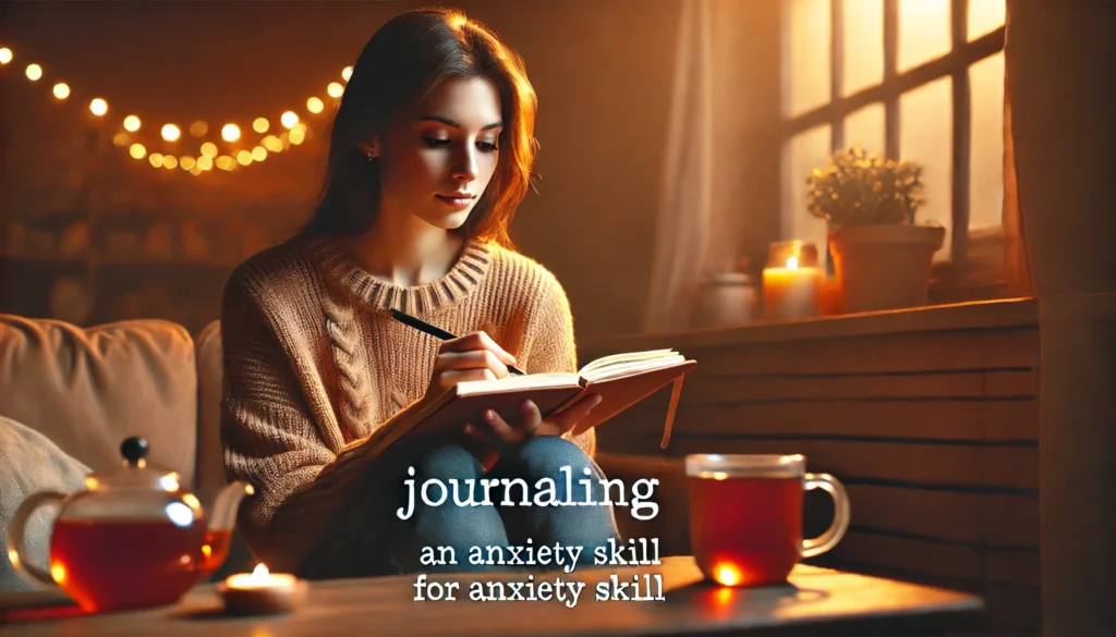 "A person journaling their thoughts in a cozy, well-lit room, writing in a notebook with a cup of tea beside them, highlighting journaling as an anxiety skill for emotional regulation and self-awareness."