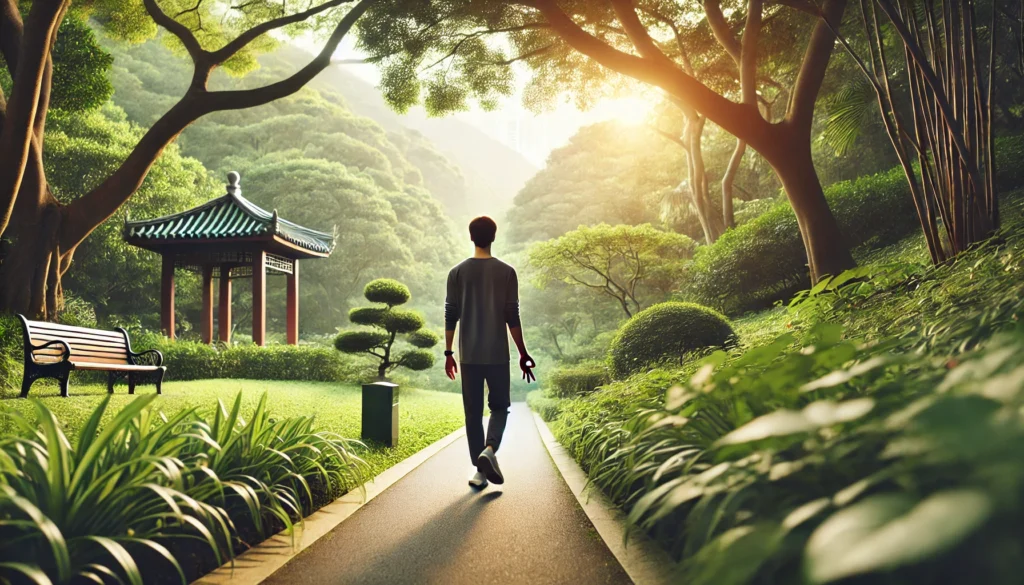 A person engaging in a mindful walking meditation in a scenic park.