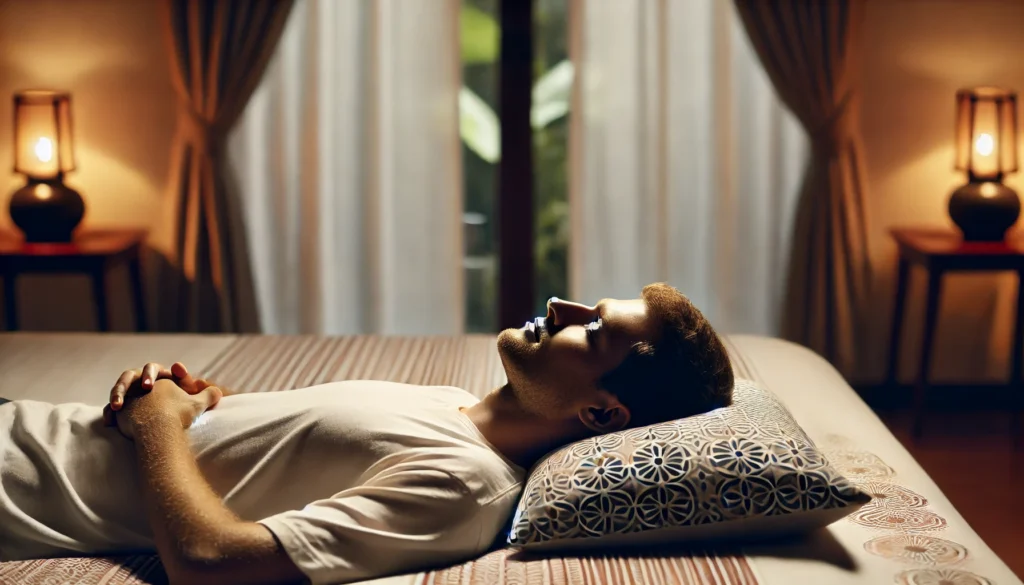 A person practicing progressive muscle relaxation in a peaceful bedroom setting.