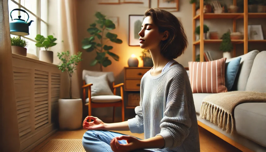 A person practicing the 4-7-8 breathing technique in a quiet home environment.