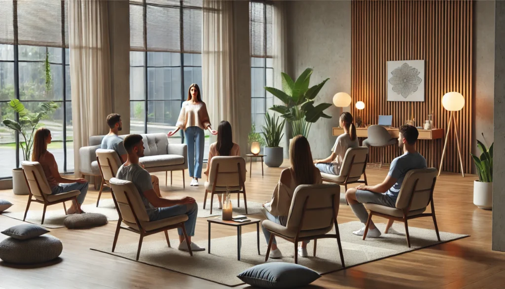 A modern wellness center where a small group of adults is learning stress reduction techniques as part of a structured stress management course.