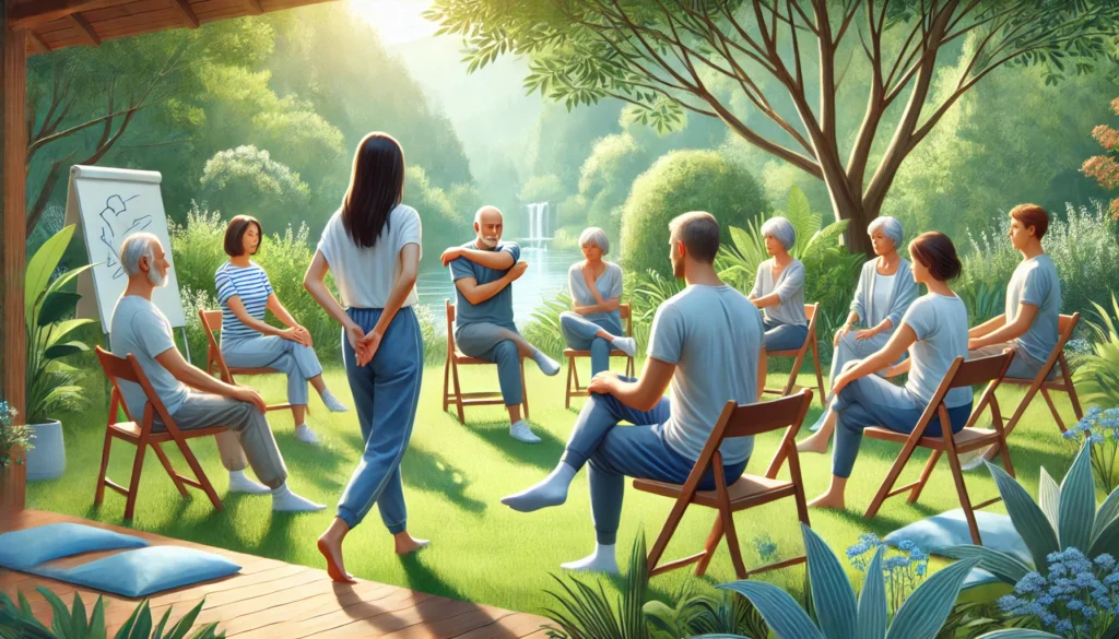 A serene outdoor setting where a small group of adults is attending a guided stress management course focused on meditation and deep breathing.