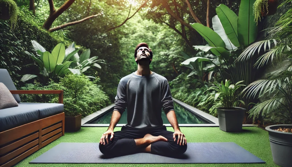 A person practicing deep breathing exercises as part of CBT relaxation techniques in a quiet outdoor setting. They are sitting cross-legged on a yoga mat, hands on their knees, inhaling deeply with eyes closed. The background features lush greenery, creating a serene environment.