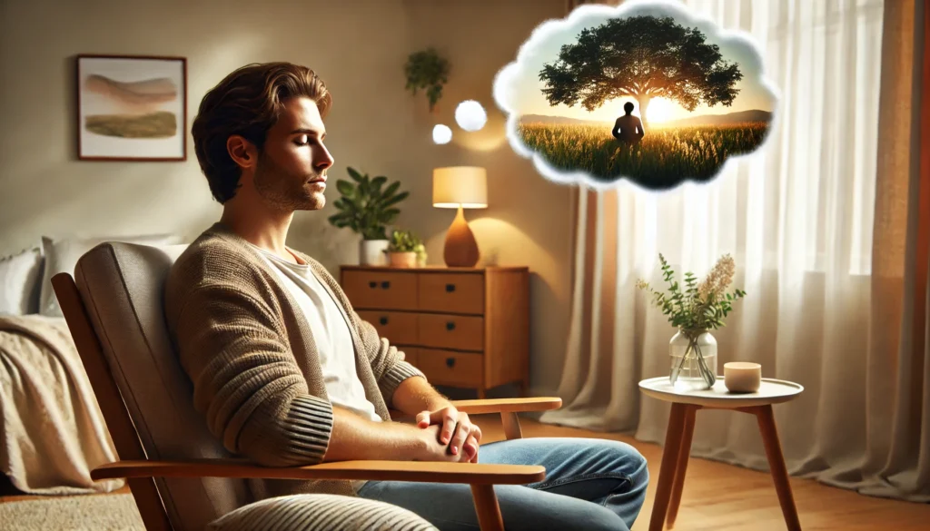 A person practicing guided imagery as part of CBT relaxation techniques in a peaceful home environment. The individual is sitting comfortably in a cozy chair with eyes closed, imagining a serene landscape. Soft, natural lighting enhances the tranquil atmosphere.
