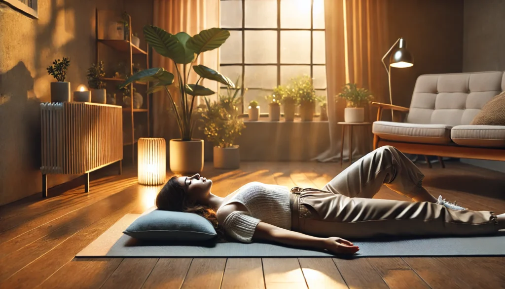 A serene indoor setting where a person is practicing progressive muscle relaxation as part of CBT relaxation techniques. The individual is lying down on a comfortable mat, eyes closed, focusing on tension release. The atmosphere is peaceful, with warm lighting and soothing decor.