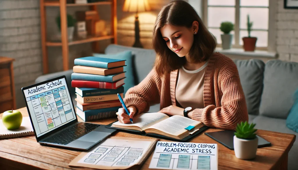 A young student sitting at a desk with textbooks and a laptop, creating a structured study schedule as an example of problem-focused coping for academic stress.