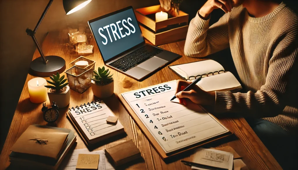 A person sitting at a desk with a planner and to-do list, organizing their tasks to manage stress effectively. The setting is a cozy home office with warm lighting, depicting planning as the first step in stress management.