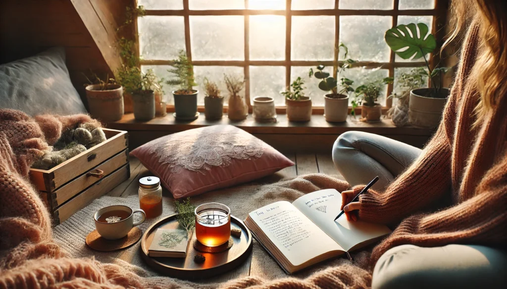 Journaling and Herbal Tea for Mindfulness – A peaceful reading nook by a large window, where a person is journaling their thoughts with a cup of herbal tea beside them. The setting is bathed in soft natural light, surrounded by cozy blankets and plants. This image represents self-reflection, mindfulness, and relaxation.