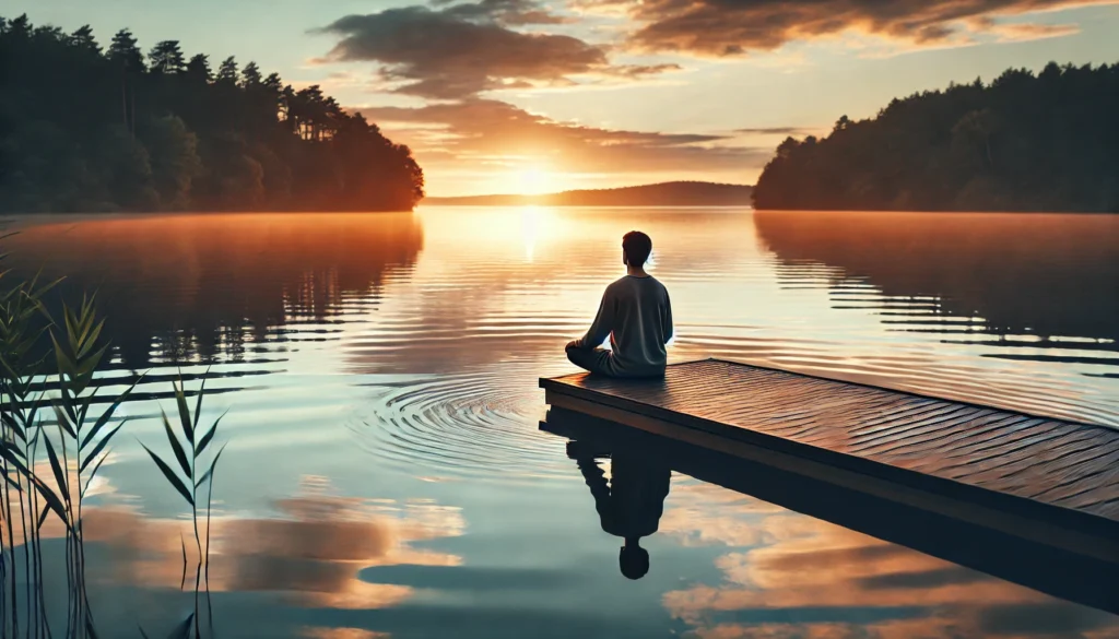 Deep Breathing by the Lakeside – A serene lakeside scene where a person sits on a wooden dock, practicing deep breathing. They face the calm water at sunset, with gentle ripples reflecting the warm hues of the sky. The image symbolizes mindfulness, controlled breathing, and nature therapy for stress relief.