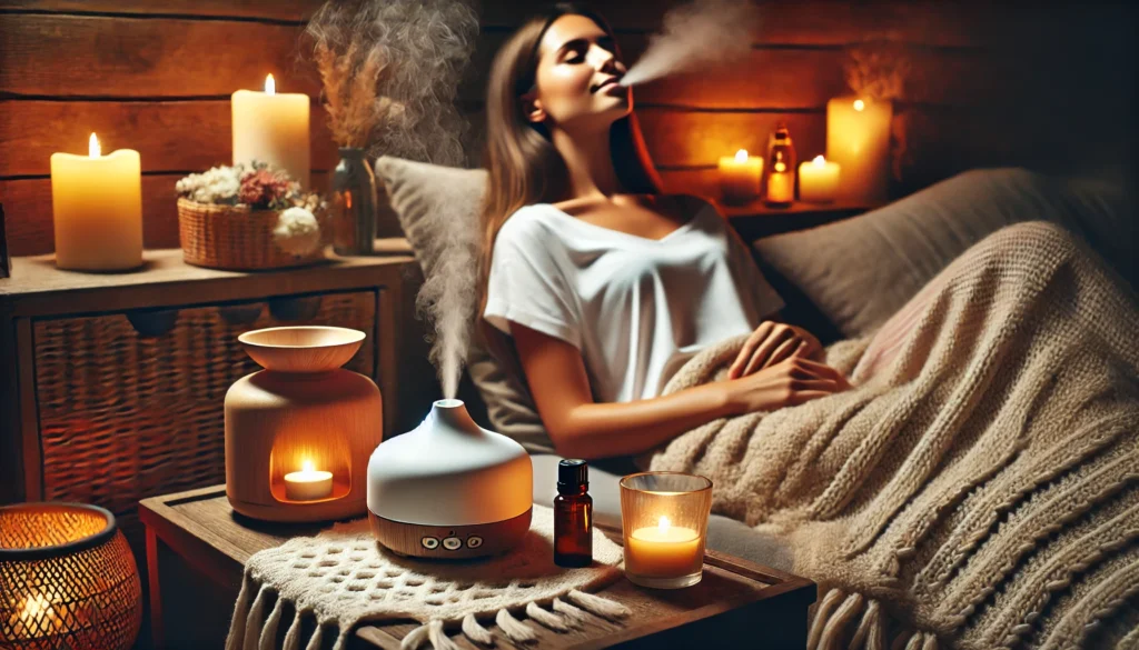 Aromatherapy for Stress Reduction – A cozy indoor setting where a person enjoys aromatherapy. They are seated comfortably with eyes closed, surrounded by essential oils, a diffuser releasing calming mist, and soft candlelight. The image conveys deep relaxation and the soothing effects of scents on mental well-being.