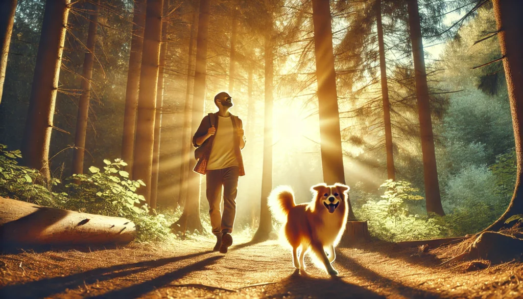 Walking in Nature with a Dog – A tranquil outdoor scene where a person is walking with their dog on a forest trail. Sunlight filters through the trees, creating a warm, golden glow. The image highlights the positive effects of nature, companionship, and physical activity on mood.