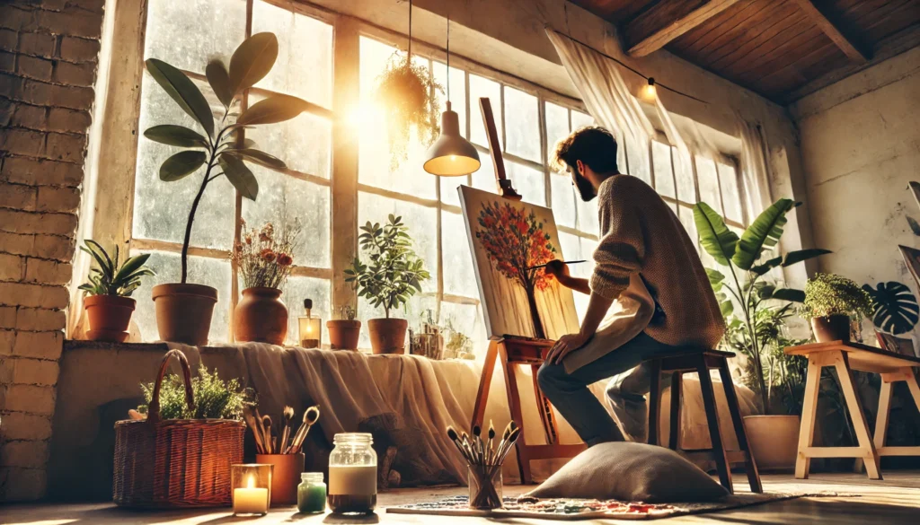 Creative Expression Through Painting – A cozy indoor setting where a person paints on a canvas near a large window with natural light streaming in. Surrounded by art supplies and plants, the artist is immersed in the creative process, representing the therapeutic benefits of art for emotional well-being.