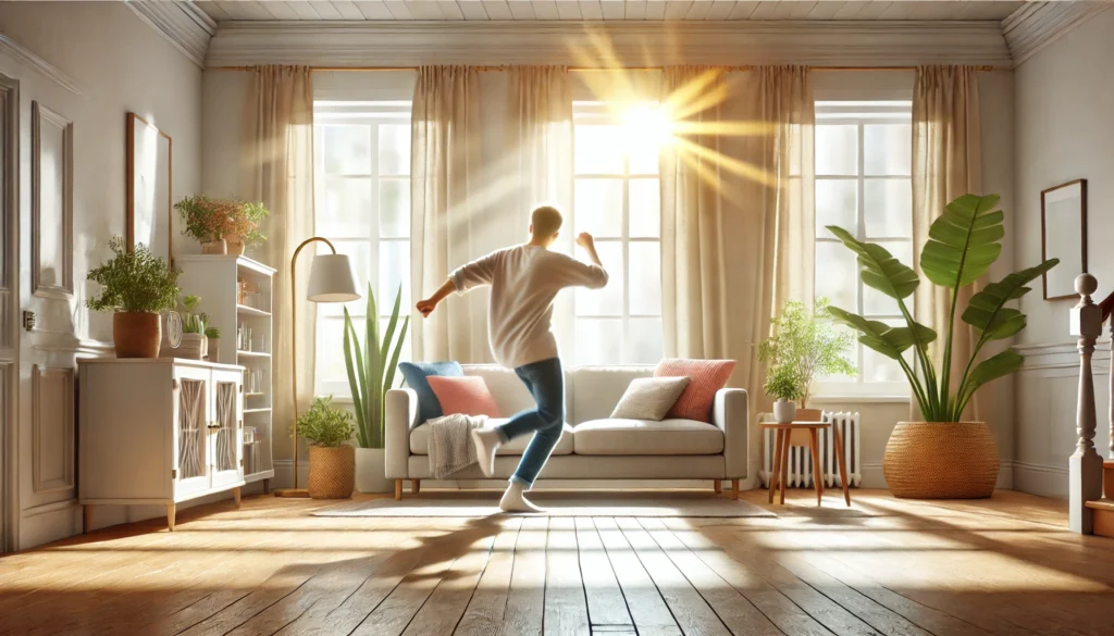 Dancing for Joy – A cheerful indoor scene of a person dancing joyfully in a bright, spacious living room. Sunlight streams through large windows, and the cozy decor, including plants and soft furnishings, enhances the uplifting effect of movement on mood.