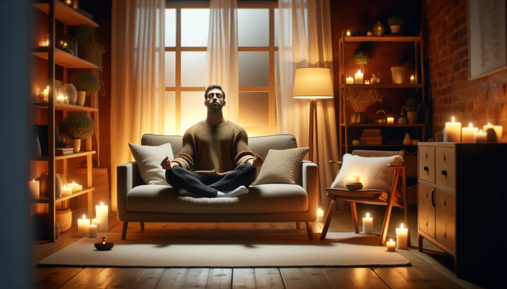 Deep Breathing for Relaxation – A cozy indoor setting where a person practices deep breathing exercises while seated on a comfortable sofa. The room has soft lighting, candles, and a warm ambiance, emphasizing stress reduction through relaxation techniques.