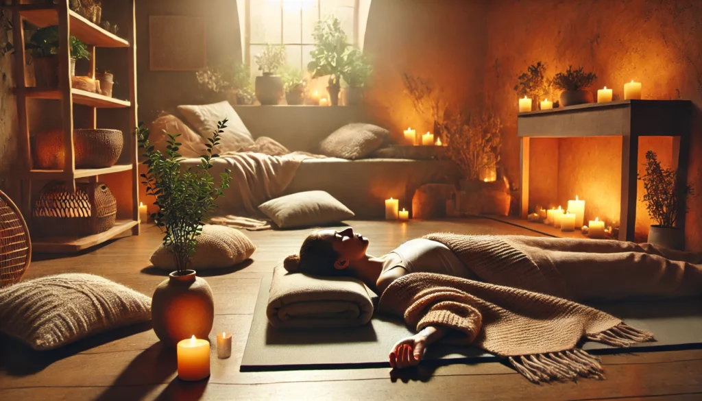 Cozy Meditation Space for JPMR – A warm, inviting indoor meditation space where a person is lying on a soft mat, practicing progressive muscle relaxation. Candles, blankets, and cushions create a serene environment, highlighting the benefits of deep relaxation and mindfulness.