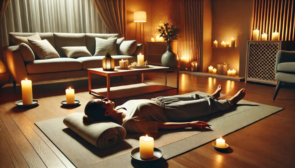 Wellness Retreat for Deep Relaxation – A peaceful wellness retreat setting with a person lying on a comfortable mat, engaging in guided relaxation. The room is illuminated with soft candlelight and ambient lighting, representing tranquility and stress reduction.