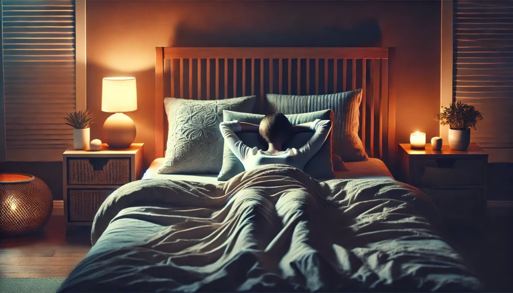 JPMR Before Sleep for Stress Relief – A tranquil bedroom setting where a person is lying in bed, practicing JPMR before sleep. Soft bedside lighting, cozy blankets, and a calming atmosphere enhance deep relaxation and mindfulness.