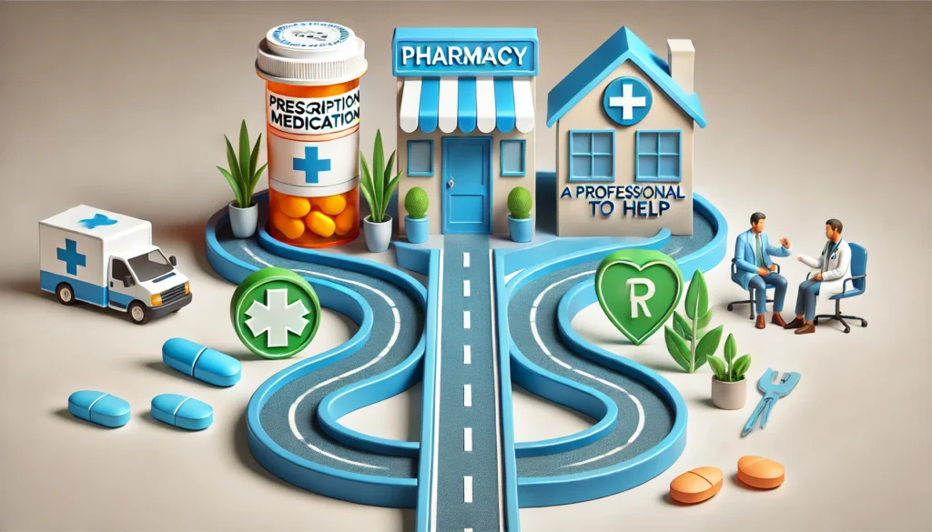 Symbolic Choice Between Medication and Therapy – A visual representation of two pathways: one leading to a pharmacy with prescription medication and the other leading to a therapy office with a professional ready to help. The image highlights personal choice in mental health management.