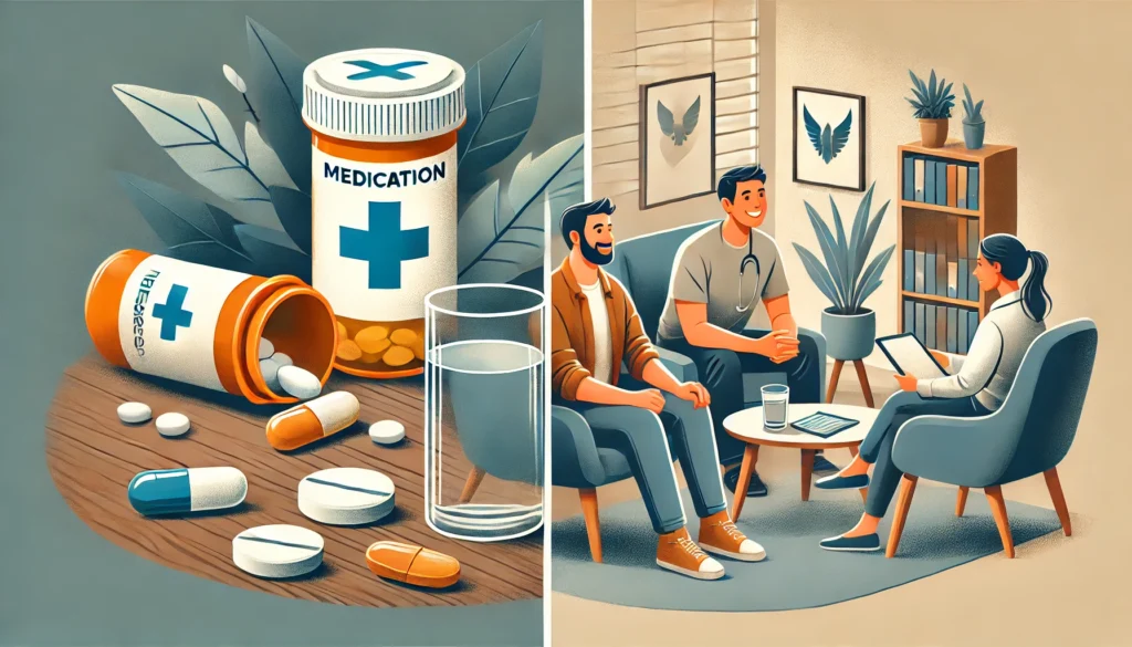Balanced Approach: Medication vs. Therapy – A side-by-side comparison of an individual taking prescription medication at a table and the same person in a therapy session, smiling while talking to a counselor. The image emphasizes different paths to emotional well-being.