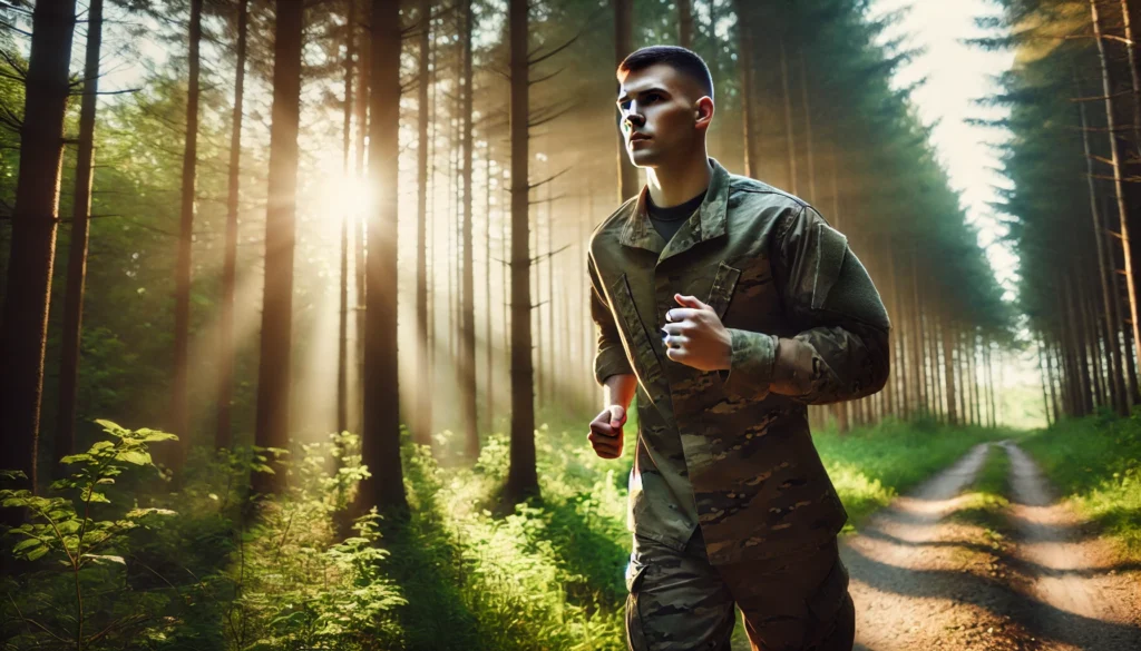 Physical Training for Recovery – A determined soldier jogging through a forest trail at sunrise, focusing on rebuilding strength and resilience. The sunlight filtering through the trees symbolizes renewal, recovery, and the role of physical activity in combat fatigue relief.