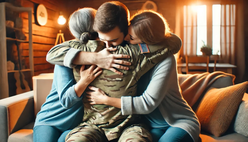 Emotional Support from Family – A soldier in uniform embraces their family after returning home. The warm lighting and cozy home setting represent emotional healing, connection, and the importance of love and support in overcoming combat fatigue.