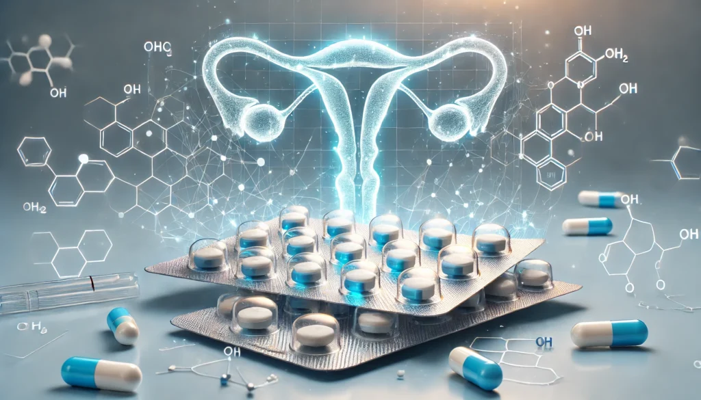 3D Visualization of Hormonal Medication – A detailed 3D medical visualization featuring hormone tablets in a transparent blister pack. A glowing molecular hormone structure in the background symbolizes medical precision and balance in the human body.