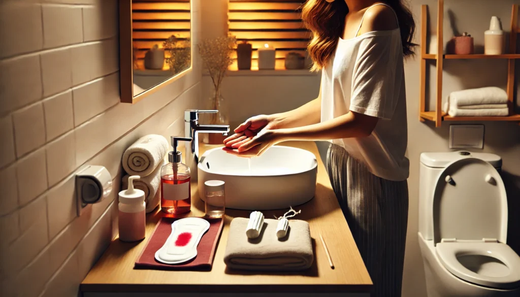 Practicing Good Period Hygiene in a Modern Bathroom – A woman washing her hands in a modern bathroom, with a neatly arranged hygiene kit including sanitary pads and tampons. The clean sink, fresh towels, and warm lighting emphasize proper menstrual hygiene and self-care.