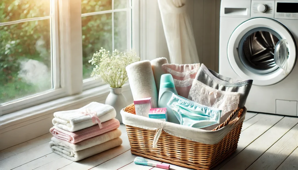 Fresh and Hygienic Laundry Scene – A well-organized laundry setup featuring soft towels, clean underwear, and menstrual hygiene products. A basket of freshly washed clothes sits beside a window with natural light streaming in, symbolizing cleanliness, freshness, and proper period hygiene maintenance.